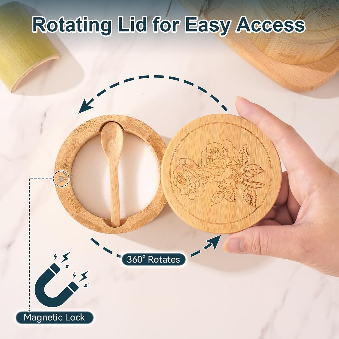 Salt Cellar, 2PCS Salt Container Bamboo Salt and Pepper Box for Countertop with Built-in Spoon & Swivel Lid, Spice Seasoning Storage Bowl, Elegant Salt Holder (Rose & Bird Engraving)