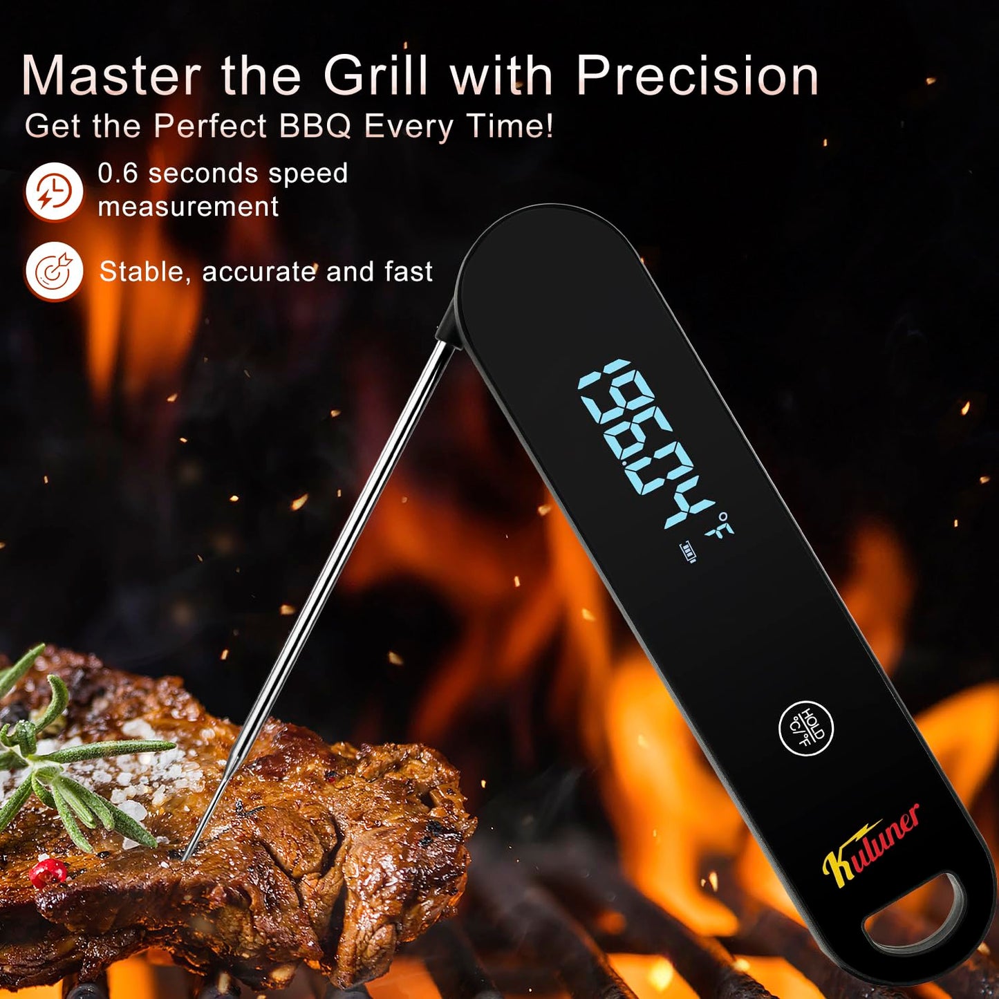 KULUNER The Latest Thermocouple Instant Reading Meat Thermometer Digital,Faster Less Than 0.6 Second Response,IP67 Waterproof Thermometer Suitable for Grilling, Cooking,BBQ Gifts for Men (Black)