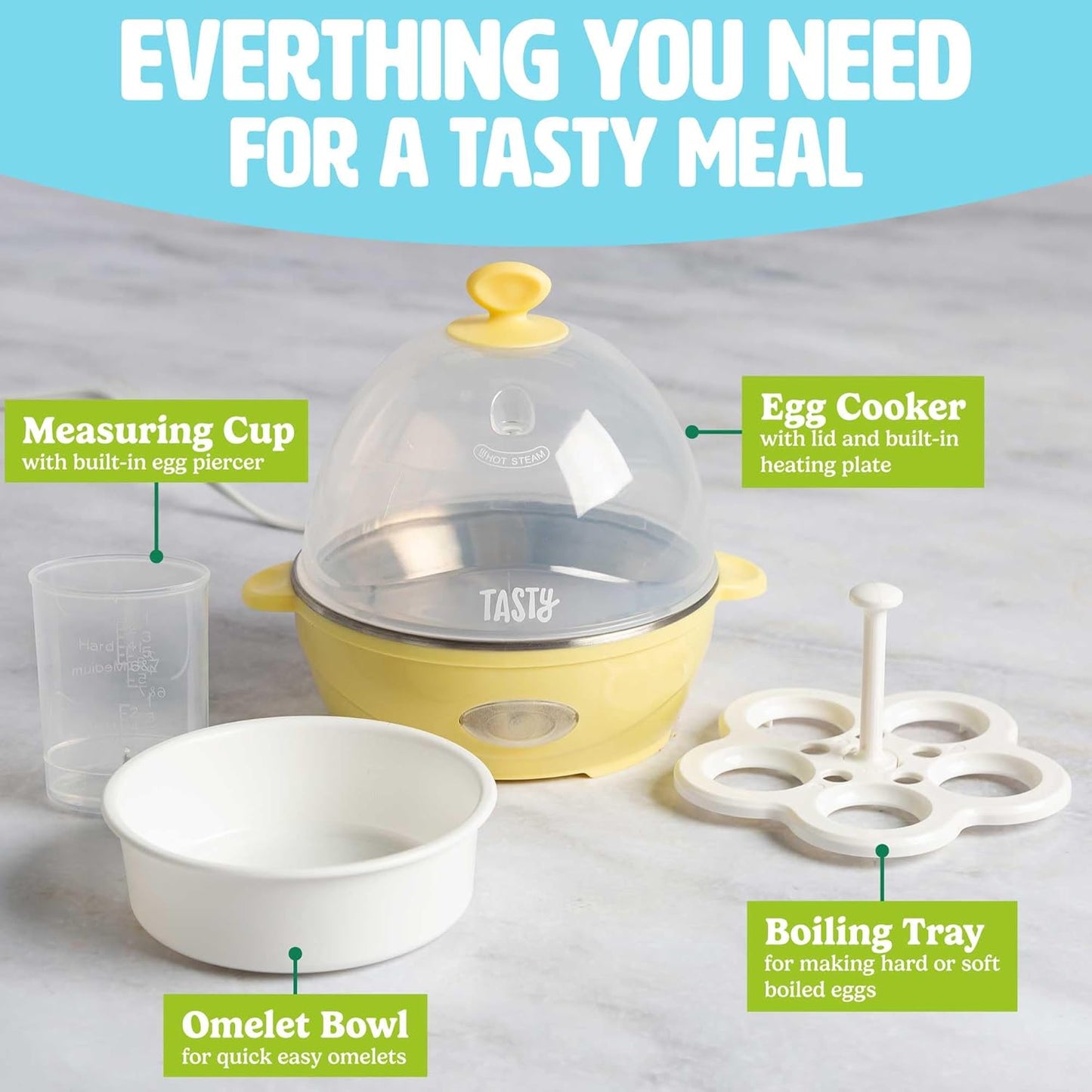 Tasty Mini Rapid Egg Cooker, 5-Egg Capacity for Perfect Hard Boiled Eggs or Omelets, Auto Shut Off, Yellow