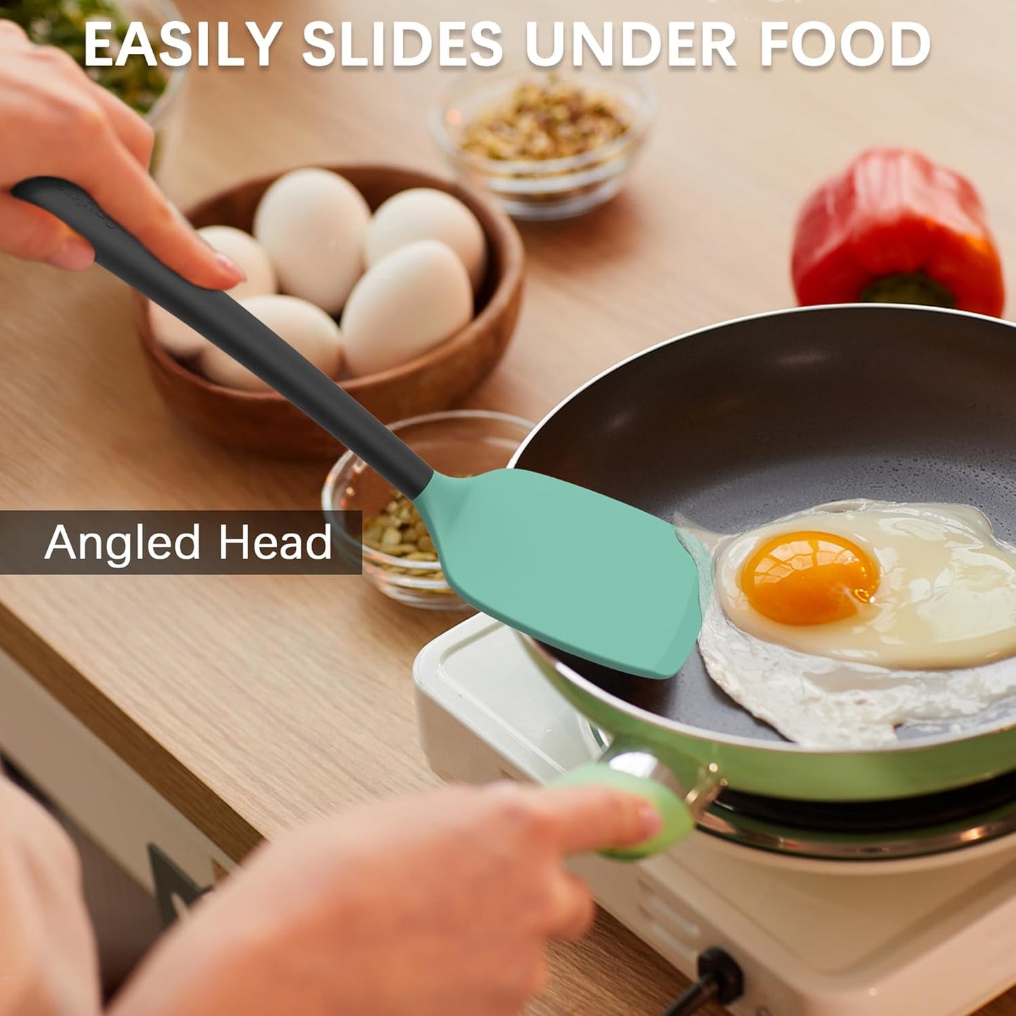 Coukre Silicone Spatula Set of 3, High Heat Resistant, BPA-Free, Kitchen Utensils, Fish Spatula, Solid & Slotted Turner for Non-Stick Pans, Flipping Eggs, Pancakes, Fish, Burgers (3, AquaGreen)