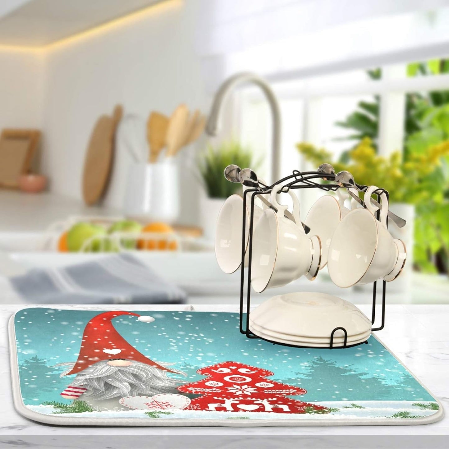 Super Absorbent Dish Drying Mat, Microfiber Fast-Drying Dish Mat, 24" x 18", Kitchen Dish Drying Pad, Watercolor Cute Christmas Gnome…