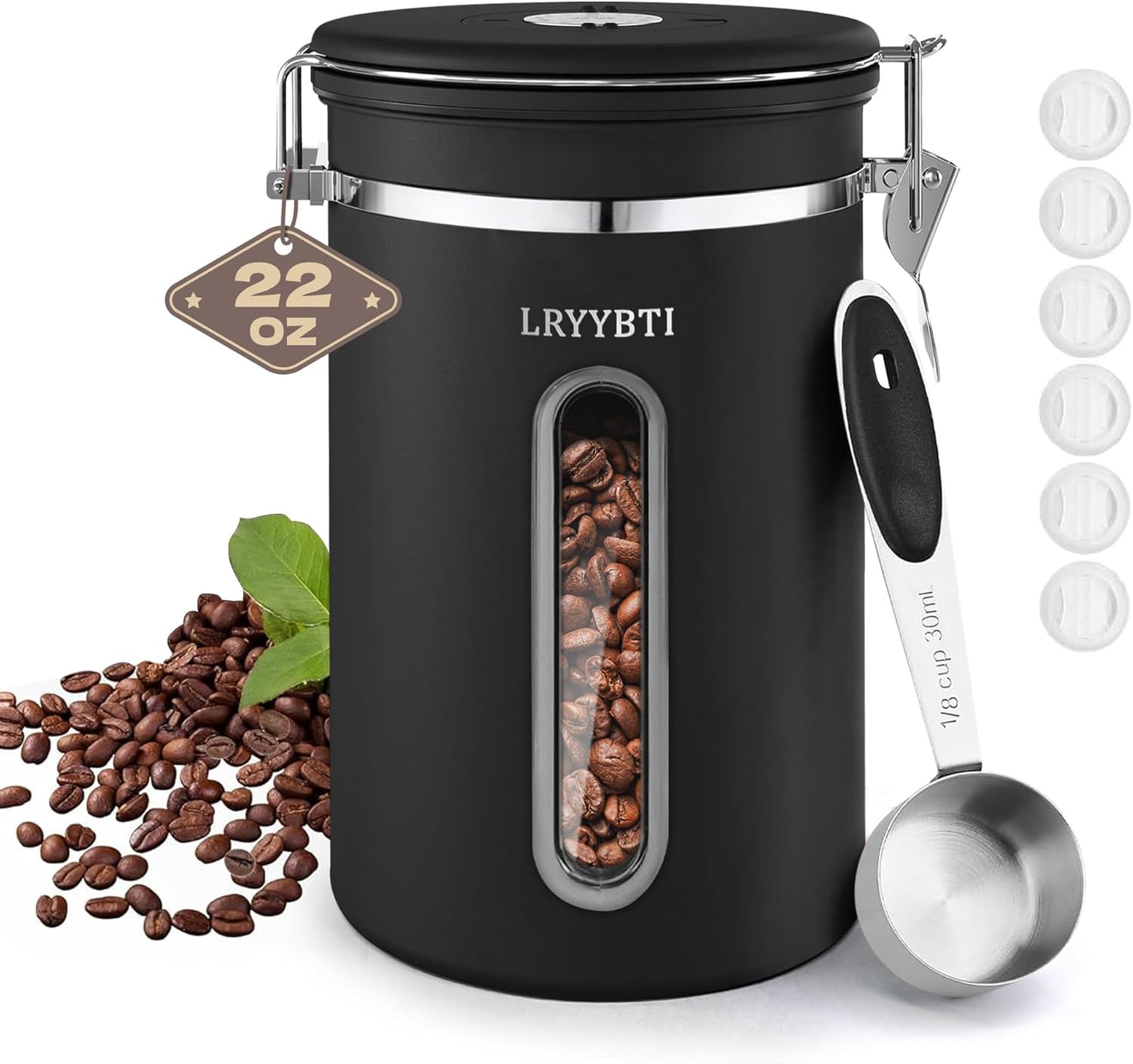 Coffee Canisters with Window,Scoop and Airtight Lid Stainless Steel Kitchen Bean Storage Grounds Container（22OZ/Black)Date Tracker and Scoop for Grounds Coffee Bar Accessories Beans, Cereal, Sugar