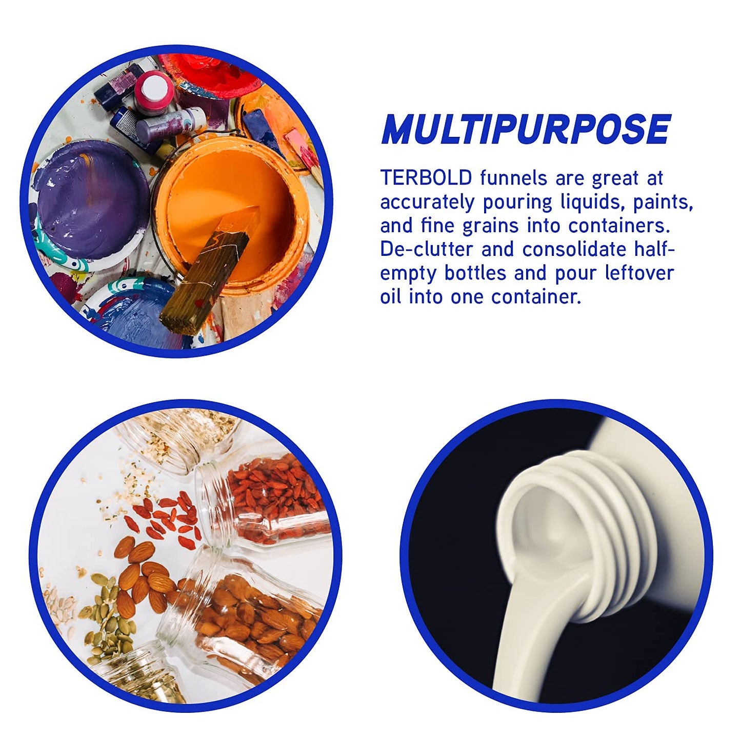 4pc Funnel Nesting Set in BPA Free Plastic for Kitchen Cooking, Car Oil, Home, or Lab Use (White)