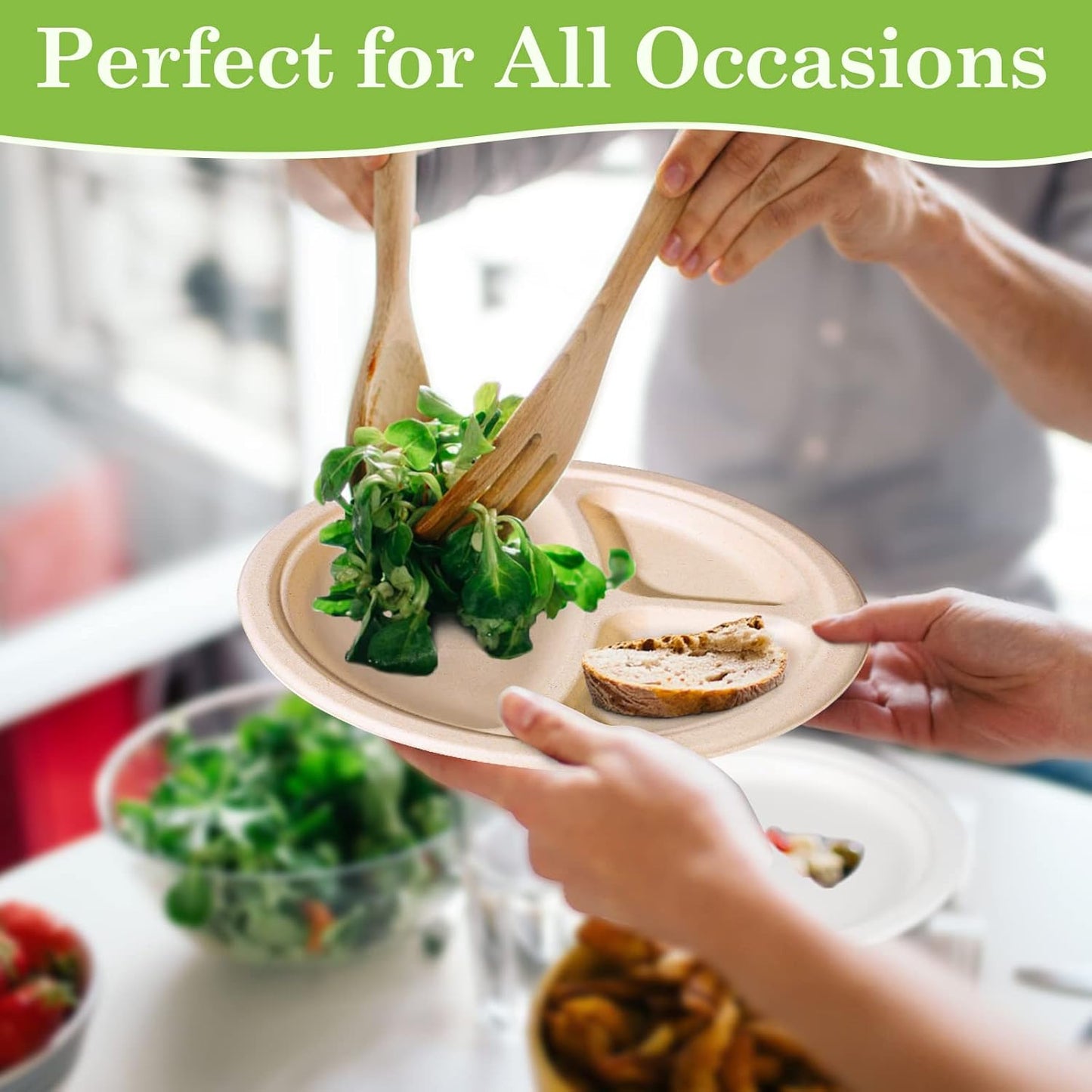 9 inch 3 Compartment Paper Plates - 50 Pack, Heavy Duty, Divided, Compostable