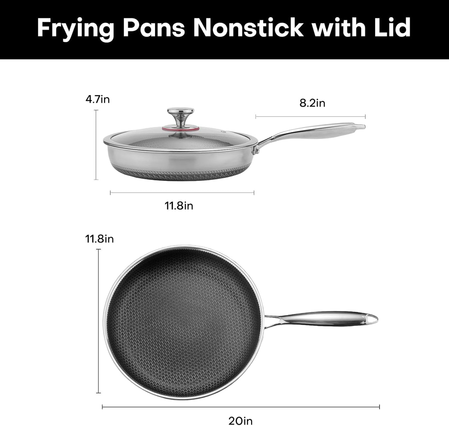 Lazycorner Non Stick Frying Pans Skillet with Lid, 12 Inch Stainless Steel Kitchen Cookware Pots, Non toxic Healthy Induction Compatible PFAS PTFE PFOA PFOS Free