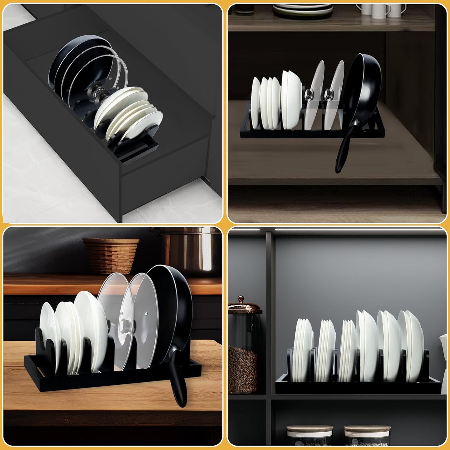 MinBoo Bamboo Pot Lid Organizer Pot Lid Holder, Pot and Pan Organizer Drawer Organizer for Pot Lids, Pans, Cutting Boards & Baking Sheets, Dinner Plates, Reusable Containers in Cabinet Storage,Black