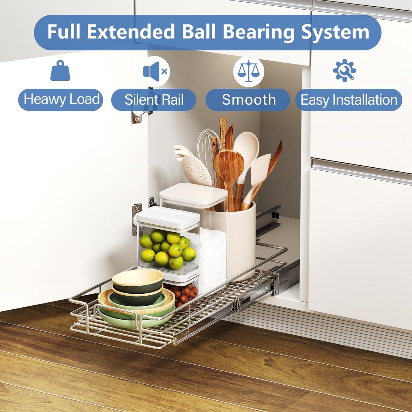 ROOMTEC Pull Out Cabinet Organizer, Cabinet Pull Out Shelves 7½" W x 21½" D, Heavy Duty Cabinet Drawers Slide Out Kitchen Cabinet Organizers Storage Shelf