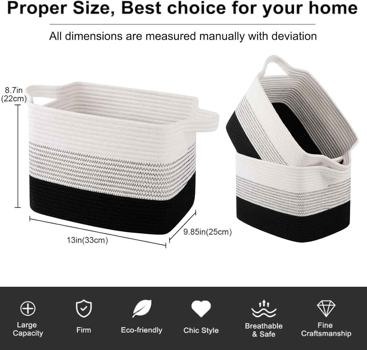 OIAHOMY Storage Basket, Woven Baskets for Storage, Cotton Rope Basket for toys,Towel Baskets for Bathroom - Pack of 3, Gradient Dark