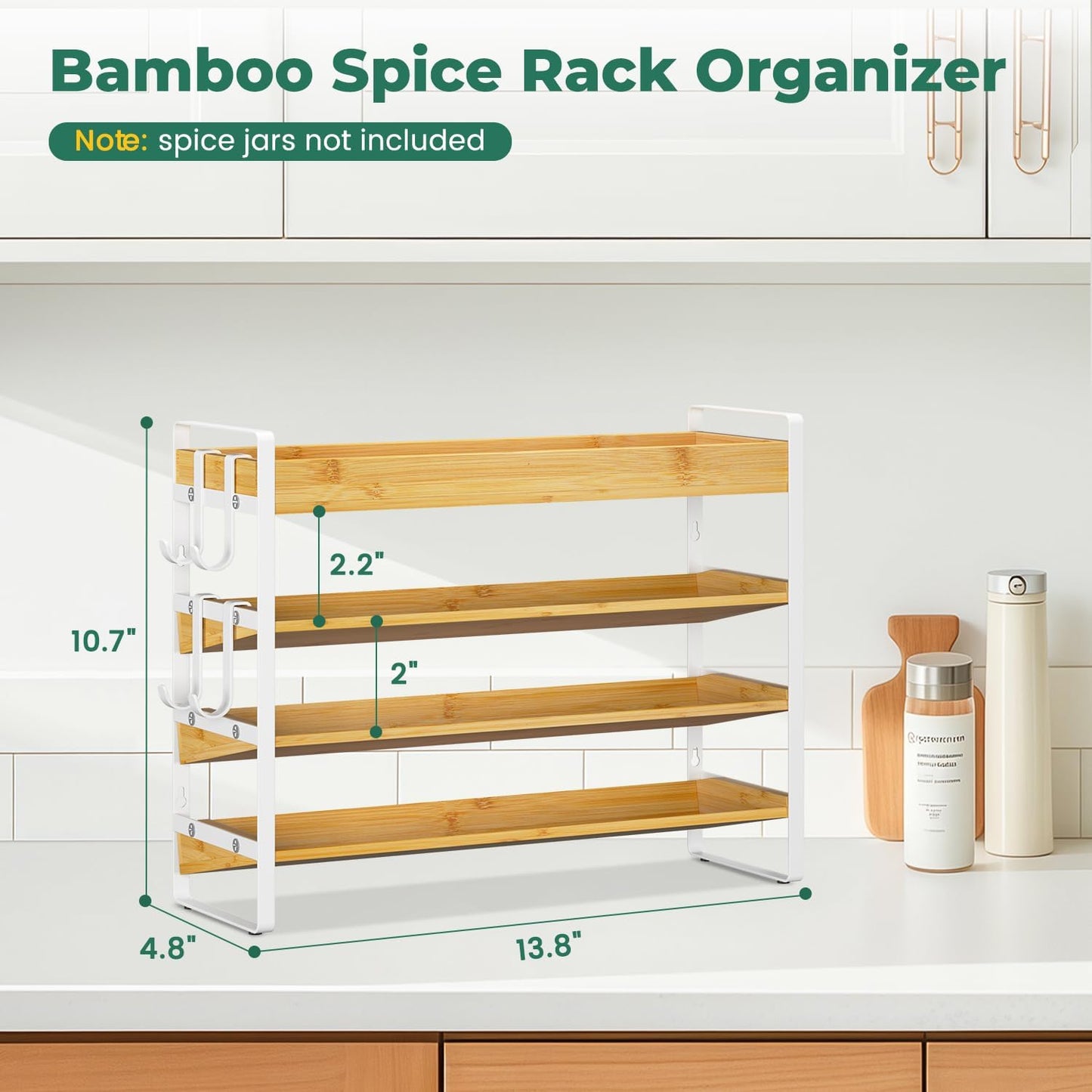 EsLuker.ly Spice Seasoning Rack Organizer Kitchen Countertop, 4 Tier Bamboo Spice Shelf Holder Storage with 4 Hooks, Wall Mounted Freestanding Stand for Pantry, Bamboo-White(Jars Not Included)