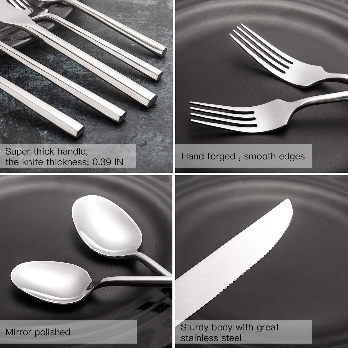 Hand Forged Stainless Steel Flatware Set Silverware Set Cutlery Set Hexagon Handle 5 Pieces Service for 1