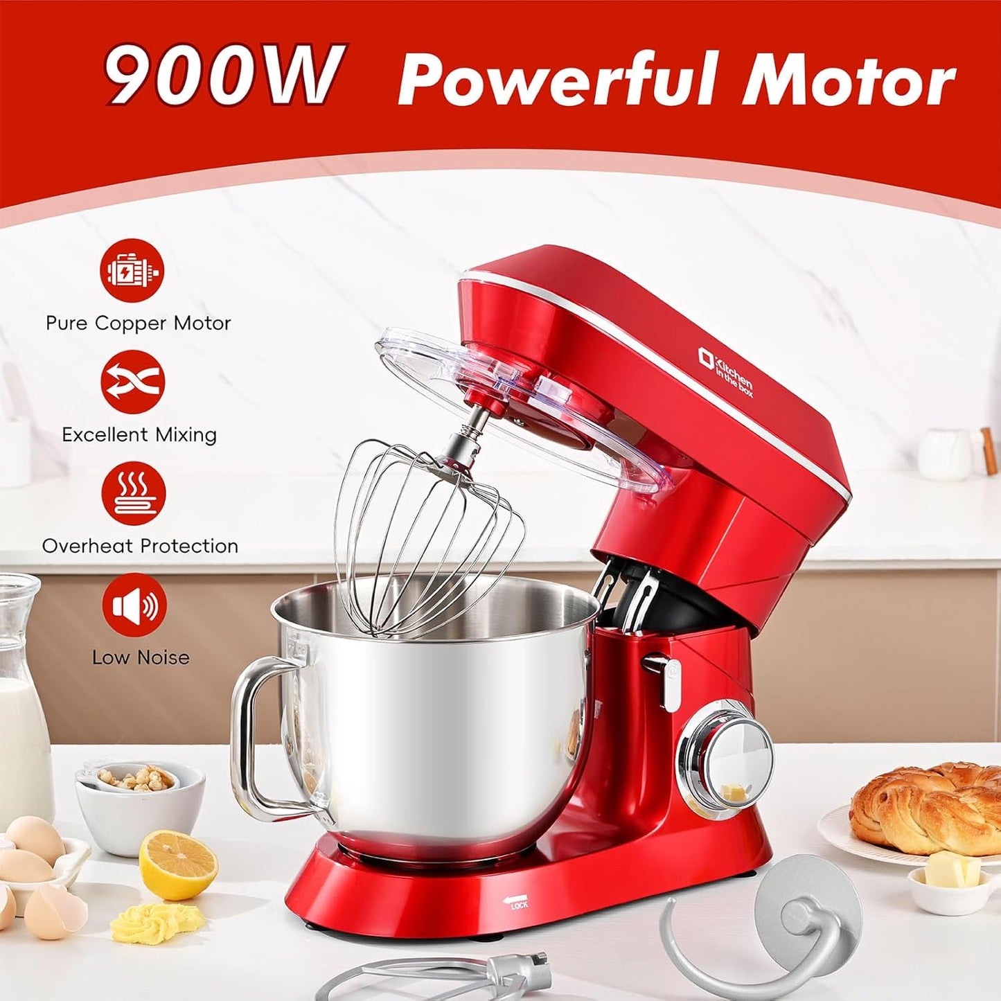 Kitchen in the box Stand Mixer, 900W 7.5QT Kitchen Electric Mixer, 6-Speed Tilt-Head Food Mixer for Baking with Dough Hook,Wire Whip,Beater (Red)