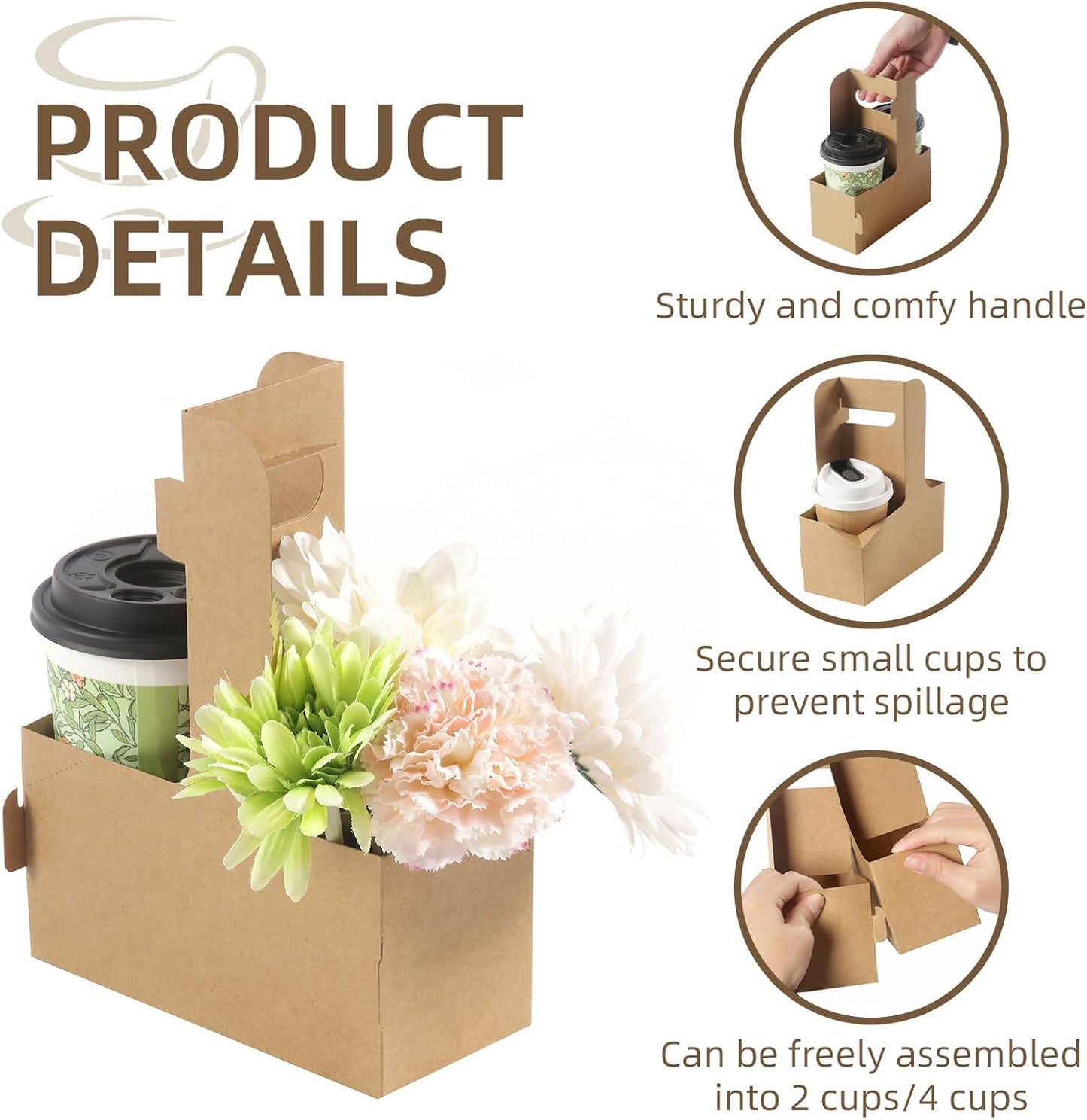 LITLANDSTAR Disposable Coffee Cup Carrier for Delivery, 2 Cup Paperboard Cup Holder Portable Drink Holder Take Out Drink Carrier with Handle for Hot & Cold Drinks, 50 Pack