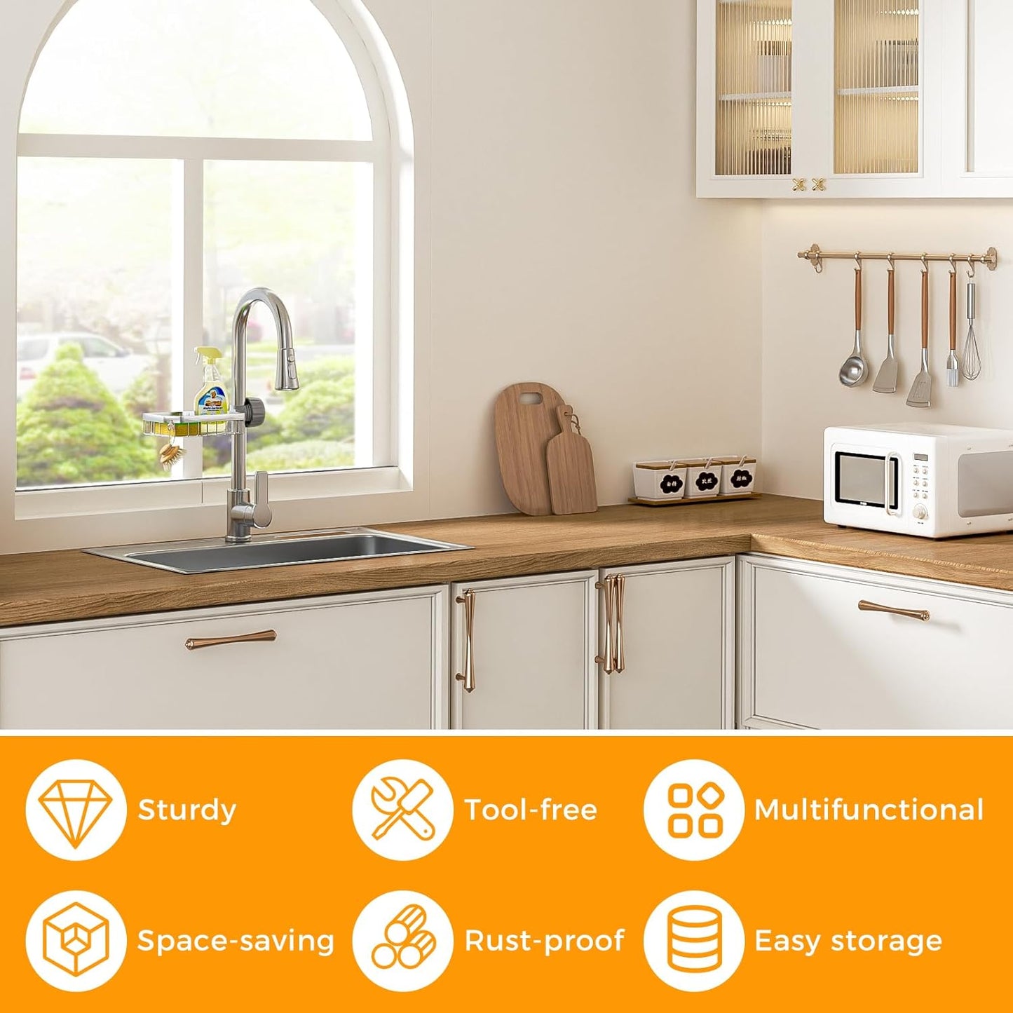 LONIN Sponge Holder Over Faucet Kitchen Sink Caddy Organizer, Stainless Steel Detachable Hanging Faucet Drain Rack for Bathroom, Scrubbers, Soap