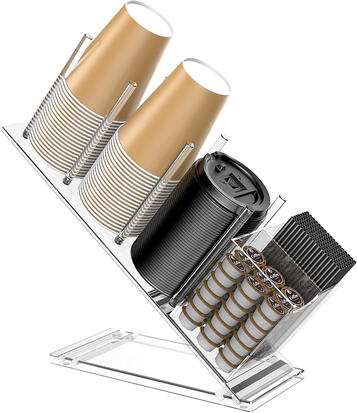 Acrylic Cup and Lid Holder with Straw Organizer, Adjustable Coffee Cup Holder Organizer, 5 Compartment Cup Dispenser for Disposable Paper & Plastic Cups, for Station Home Countertop Bar Breakroom