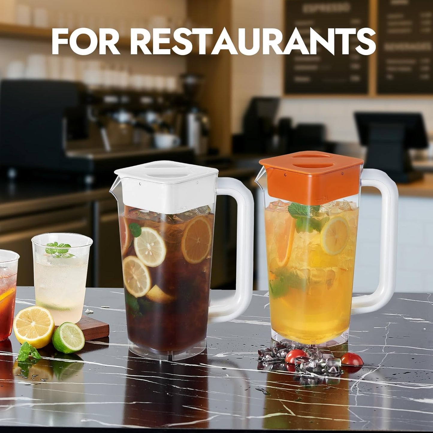 CURTA 2 Pack 2 Liters/68 oz Plastic clear Square Pitcher with Lid & Handle for Kitchen,ICED JUICE and Coffee Carafe Beverage Serveware, Acrylic Water Jug for Hot/Cold Drinks&lemonade