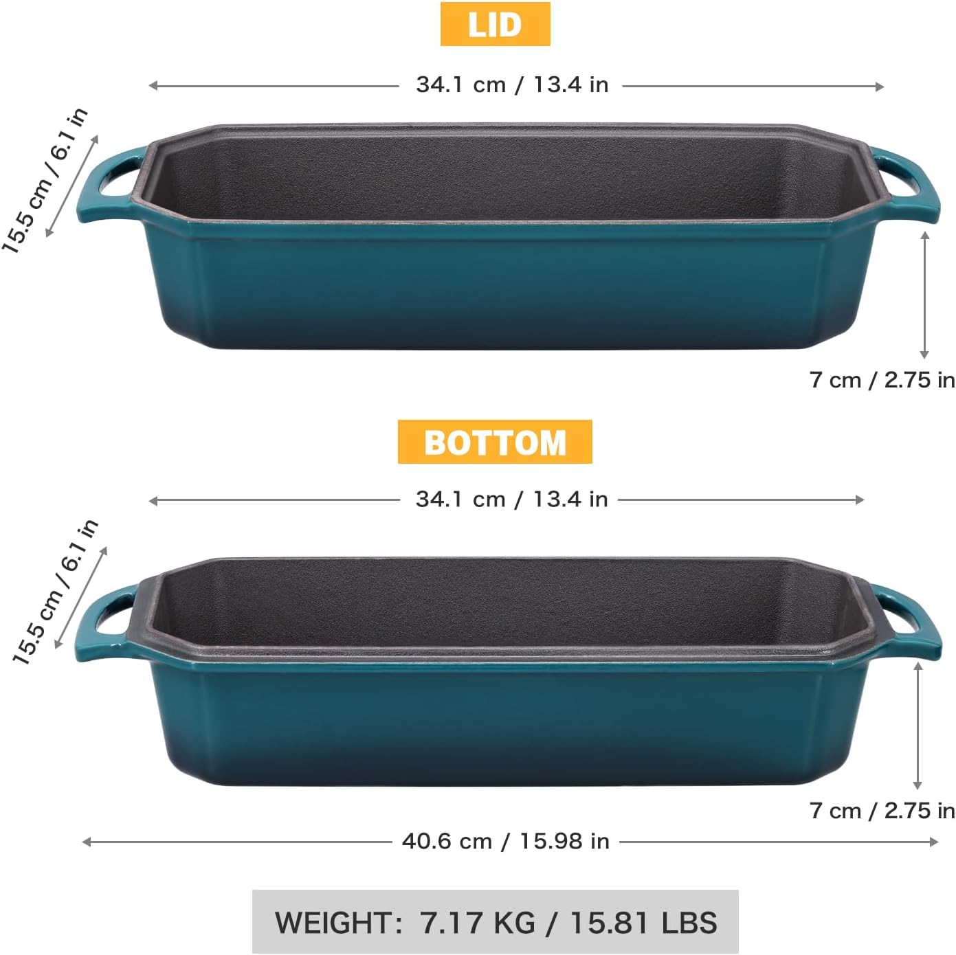 Bread Pan Cast Iron Loaf Pan with Lid Bread Loaf Pan 13x5 Inch Enameled Cast Iron Sourdough Bread Pan,DarkCyan