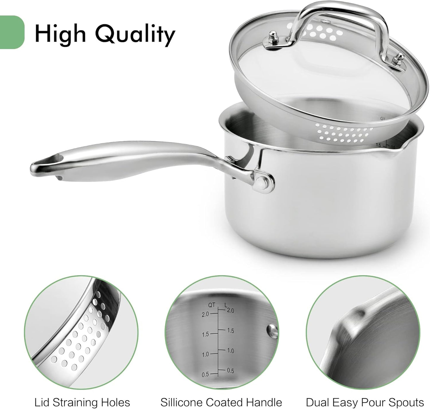 2.0 Quart Stainless Steel Pot Saucepan with Glass Strainer Lid, Sauce Pot with Two Side Spouts, Induction Cooking Pot, Multipurpose Sauce Pan with Lid for Cooking