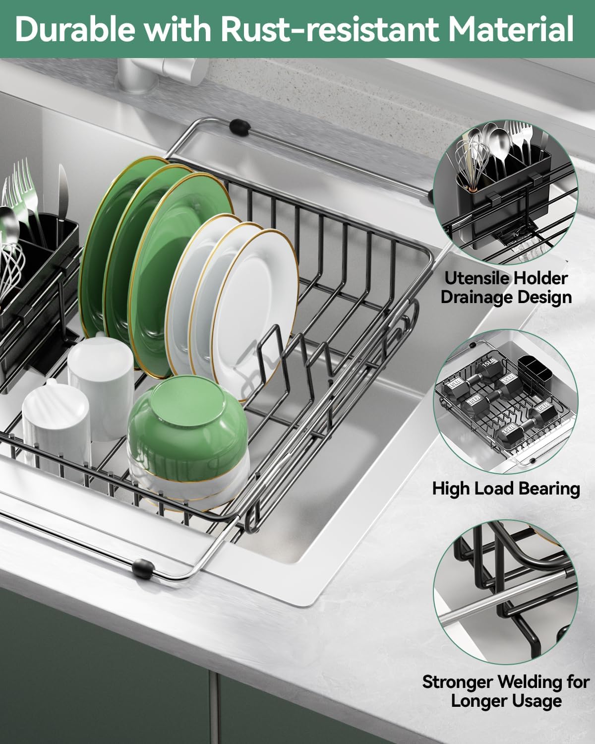 Expandable Dish Drying Rack for in-Sink, Over-Sink, and Counter Use, Dish Drainer with Removable Cutlery Holder, Space Saving & No Assembly Needed 10.5" W x 15" L