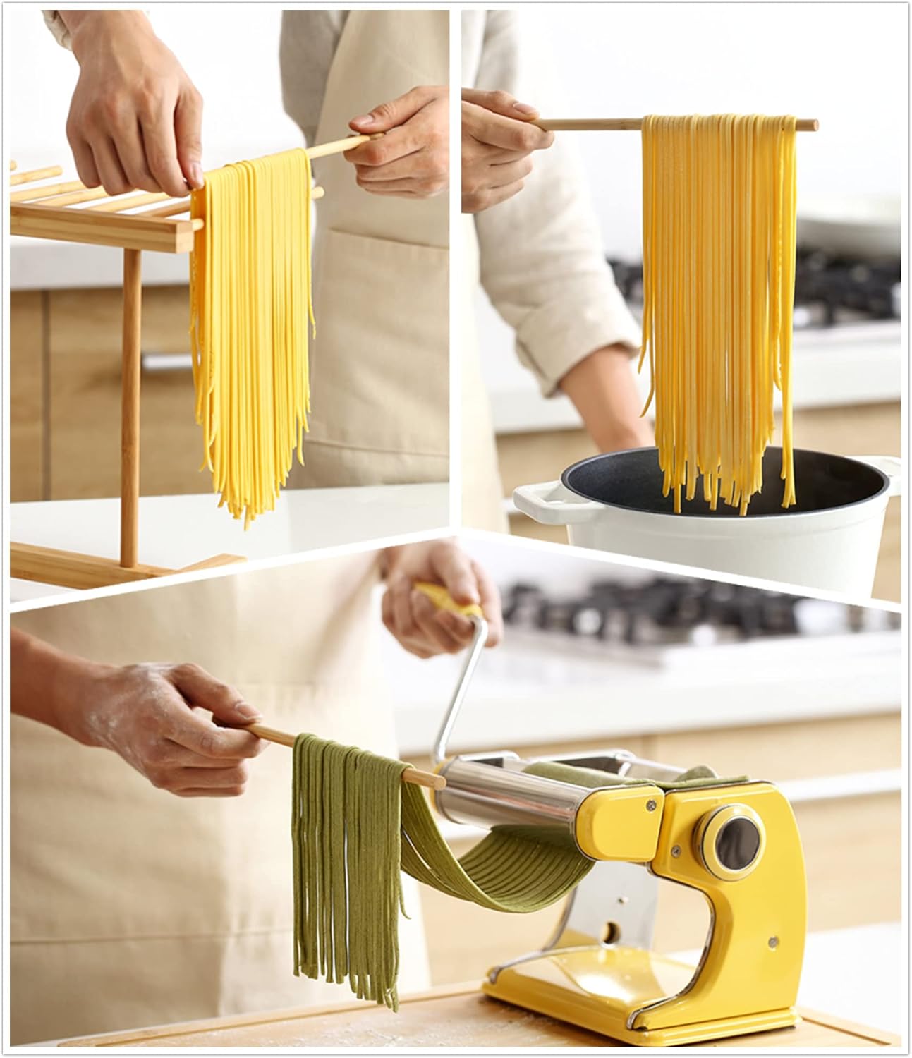 Bamboo Pasta Drying Rack with 8 Bars and Transfer Wand, Easy to Transfer for Drying Pasta and Cooking, Special Suspension Design for Large Storage, Gift for House Warming