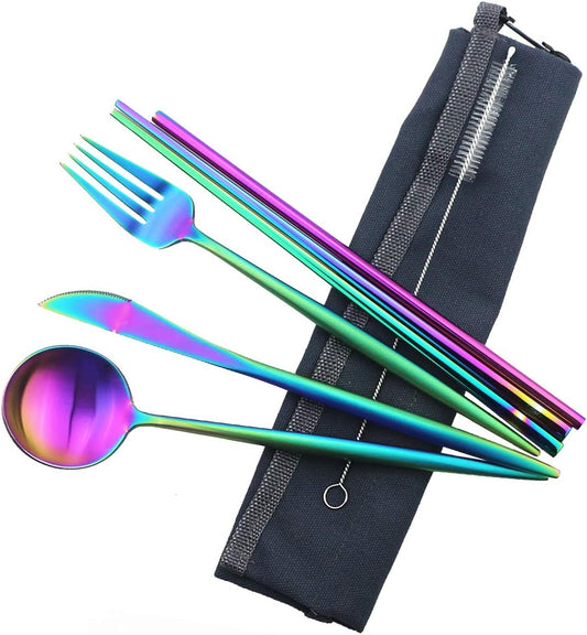 Gugrida Reusable Travel Utensils, 7 Piece Portable 304 Stainless Steel including Knife Fork Spoon Chopsticks Cleaning Brush Straws Portable Pouch, Eco-friendly Camping Silverware Set, Dishwasher Safe