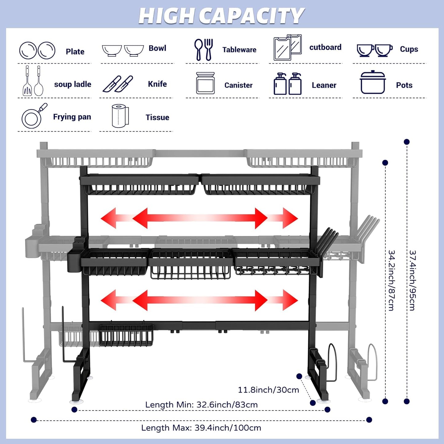 ADBIU Over The Sink Dish Drying Rack (Expandable Height and Length) Snap-On Design 2 Tier Large Dish Rack 31-39.4L x 12W x 34-38H inches