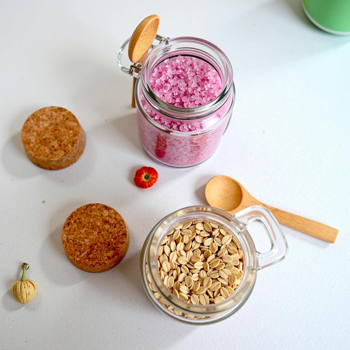 Ahhute Glass Sugar Scrubs Jars, Bath Salt Container 8oz, Salt Cellar with Spoon, Honey Scrubs Jars w/Lids, Labels and Cleaning Brush, Set of 12