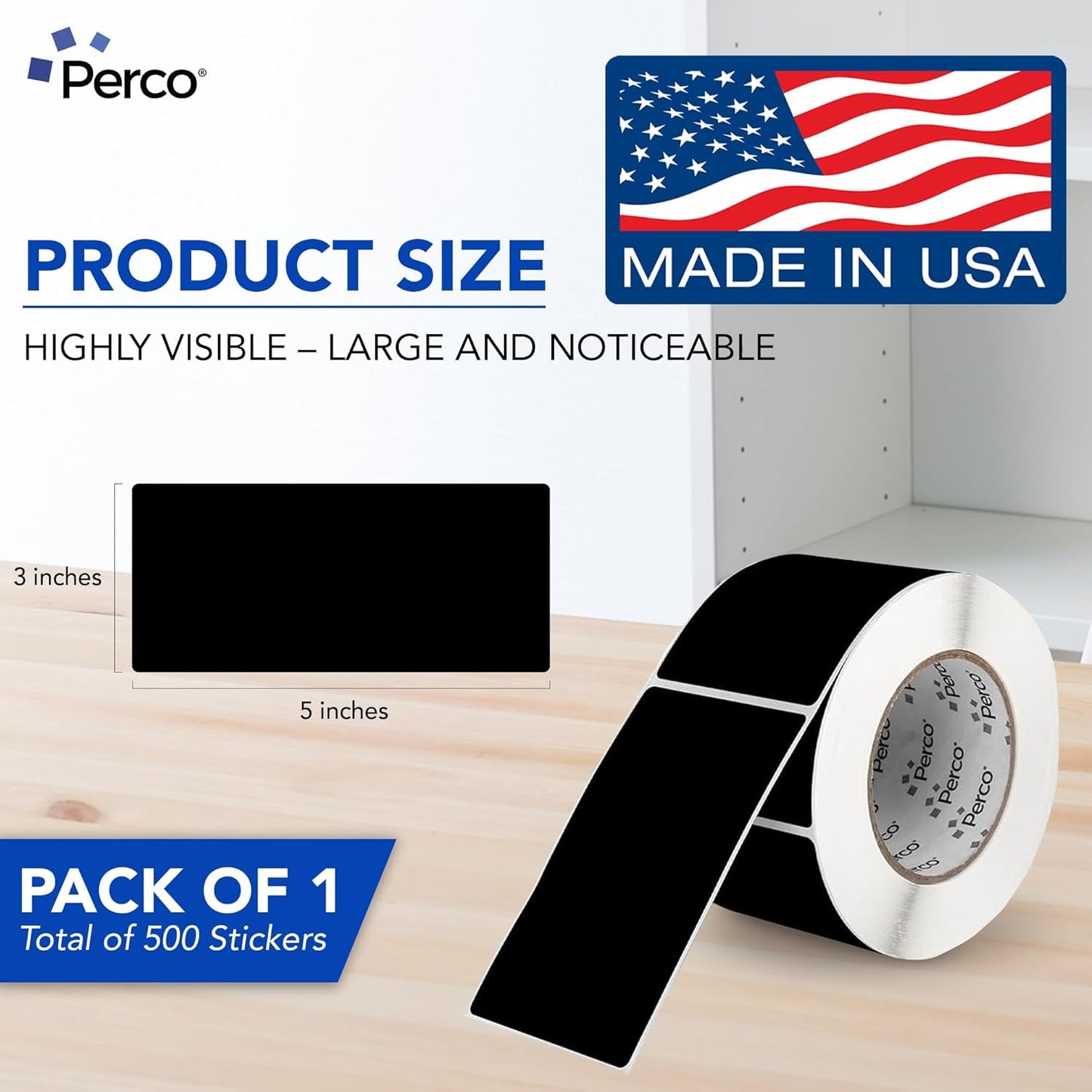 Perco Black Labels 3x5 Inch 500 Stickers/Roll with Easy Peel Perforation and Strong Adhesion for Inventory Management, Color Coding, Moving Boxes, Retail, Organizing & Crafts – Made in USA