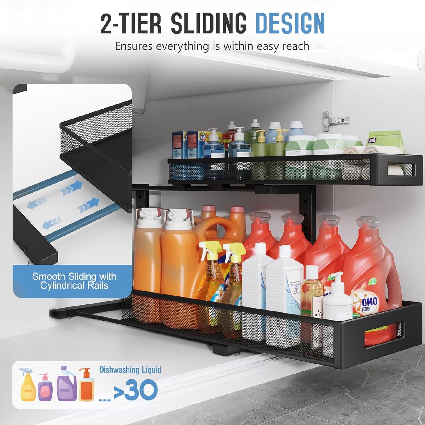 2 Pack 20.47IN Depth Under Sink Storage Organizer, Large 2-Tier Elegant Mesh Pull Out Shelf for Kitchen and Bathroom Cabinet Organization, L-Shaped and Adjustable Height Design-Black