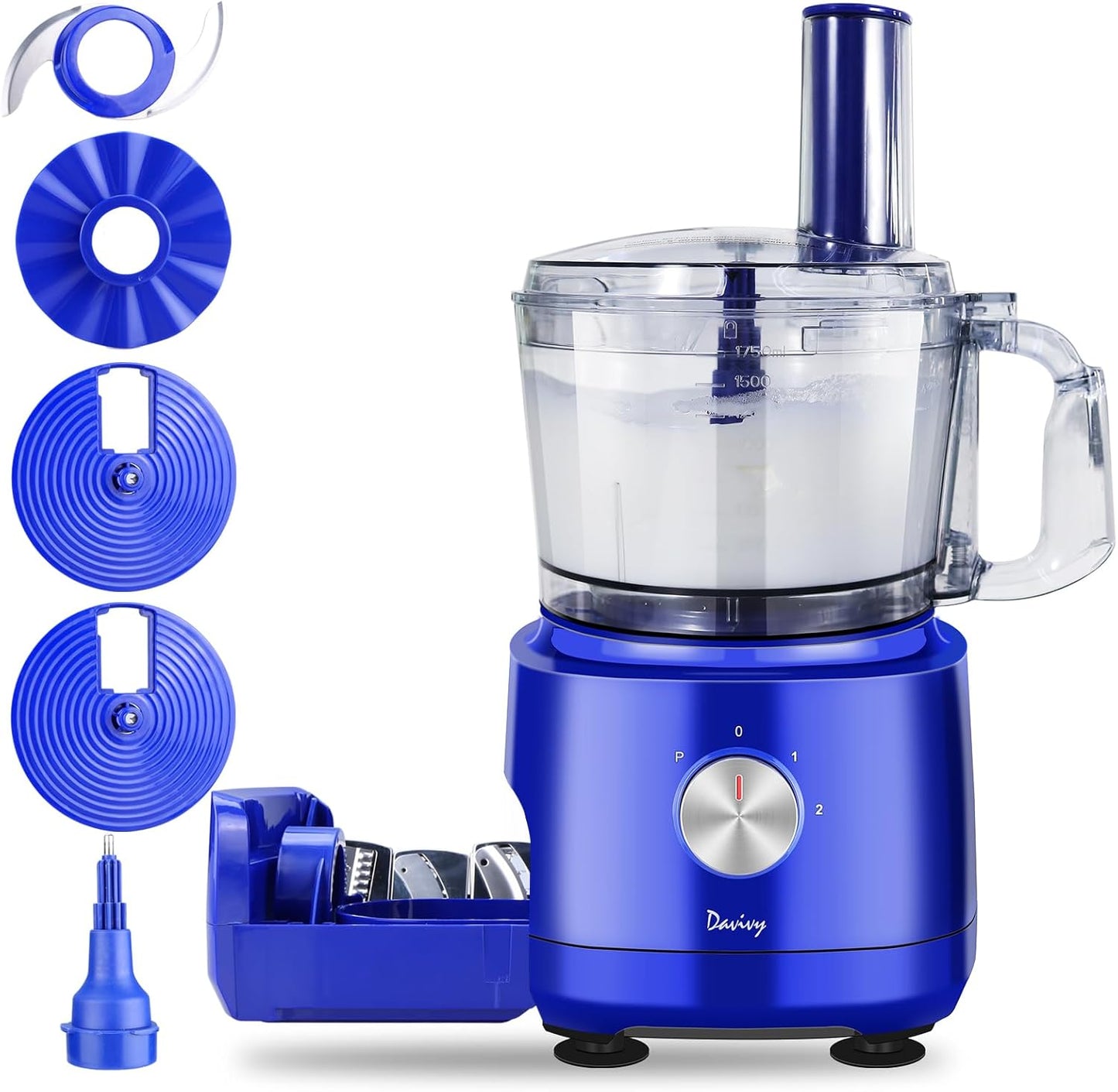 Davivy Food Processor 7 Cup,Built-in Storage Drawer Small Food Processor with 10 set blades,French fry cutting,Wavy slicing for Home Use,3-Speed, Blue,600W