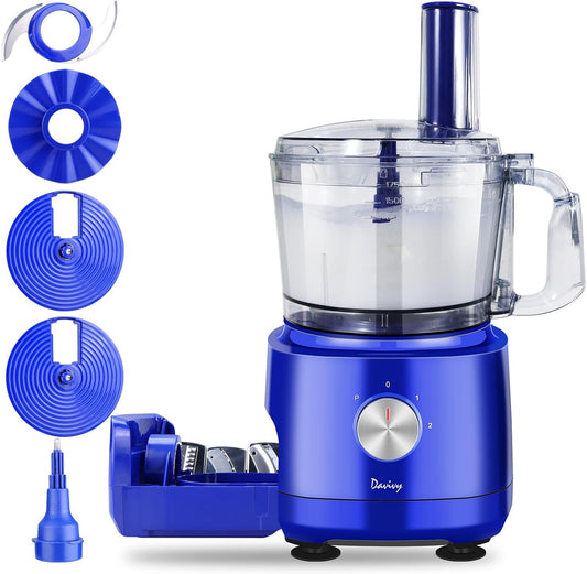 Davivy Food Processor 7 Cup,Built-in Storage Drawer Small Food Processor with 10 set blades,French fry cutting,Wavy slicing for Home Use,3-Speed, Blue,600W