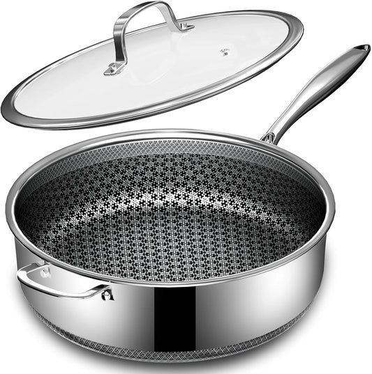 5 Qt Saute Pan with Lid, 5 Ply Stainless Steel Pan with Lid, Non Stick Frying Pans, Cooking Pot Deep Frying Pan Non-Toxic, For Induction, Oven, Dishwasher Safe