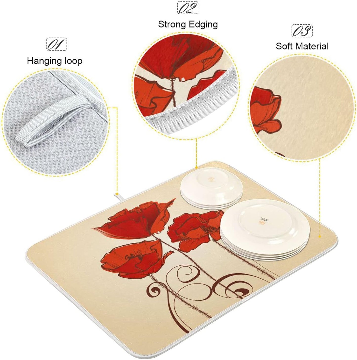 senya Super Absorbent Dish Drying Mat, Microfiber Fast-Drying 24''x18'', Kitchen Pad, Red Poppy Flowers Retro,(g289343168p523c558s1114)