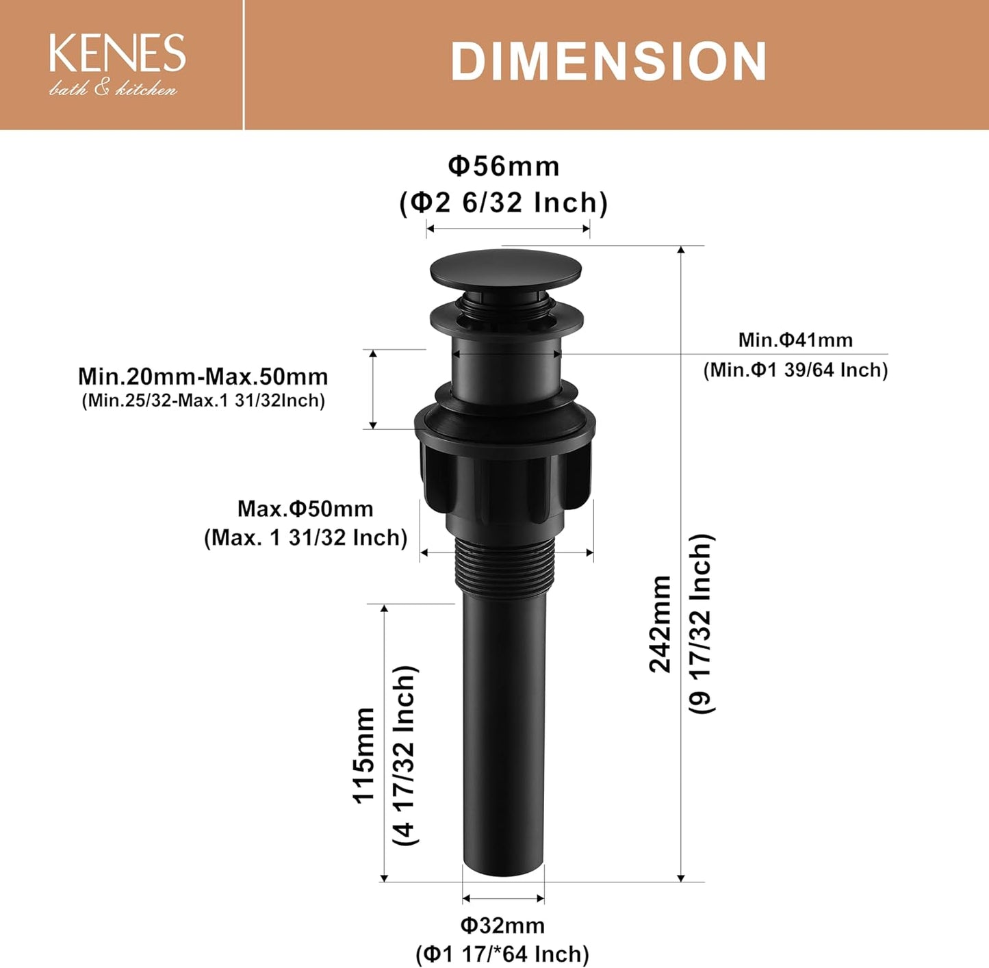 KENES Bathroom Vessel Sink Pop Up Drain Without Overflow Assembly, Lavatory Vanity Sink Drain Stopper, Anti-Clogging Drain Strainer, Matte Black, KE-P300A-2