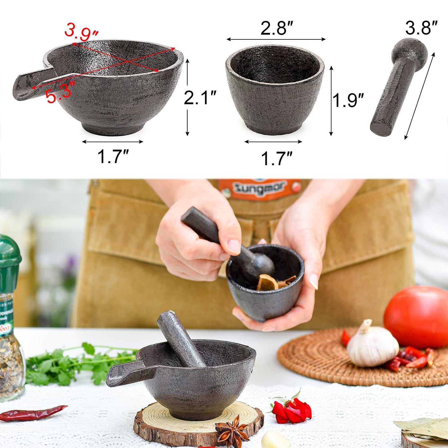 Sungmor Cast Iron Mortar and Pestle, Small Heavy Duty Black Spice Grinder Set, 3" Diameter Mortar and 3.9" Long Pestle, Rustic Useful Kitchen Tools for Grinding Spices, Herbs, Nuts and Pesto
