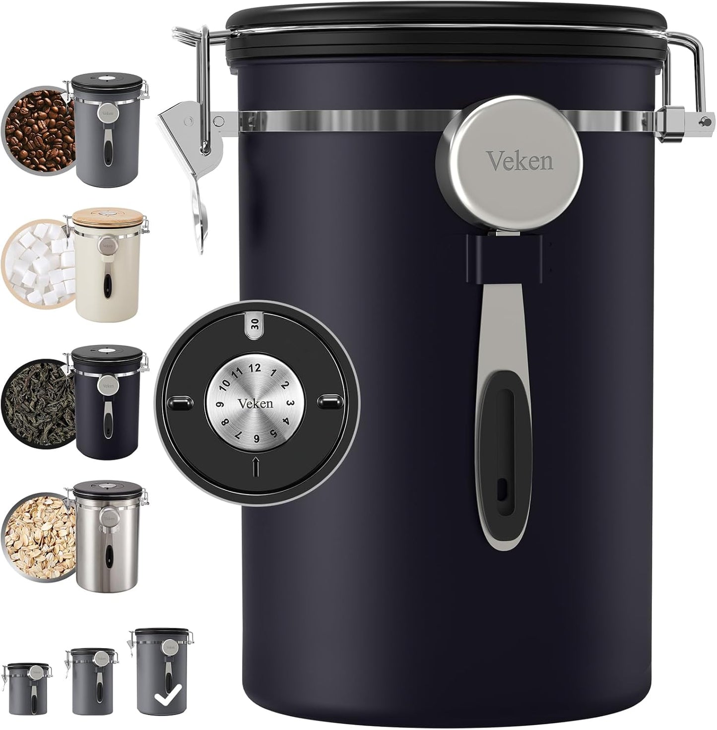 Veken Coffee Canister, 39OZ Large, Airtight Stainless Steel Food Storage Container for 2.2lbs Coffee Beans, Ground, Sugar, Tea, Flour, Rice, Cereal, Cookies Jars, Bar Accessories & Gifts, Black