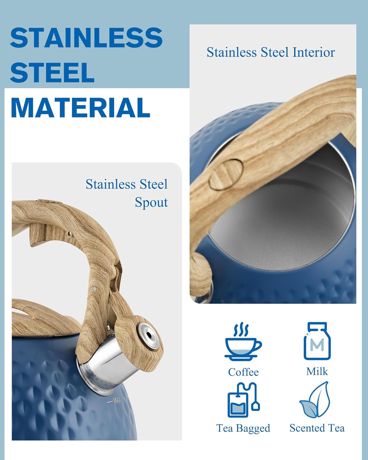 Tea Kettle,2.5 Quart Stovetop Tea Kettles Loud Whistle,Food Grade Stainless Steel Water kettles for Stove Top with Anti-hot Ergonomic Handle,Suitable for All Heat Sources