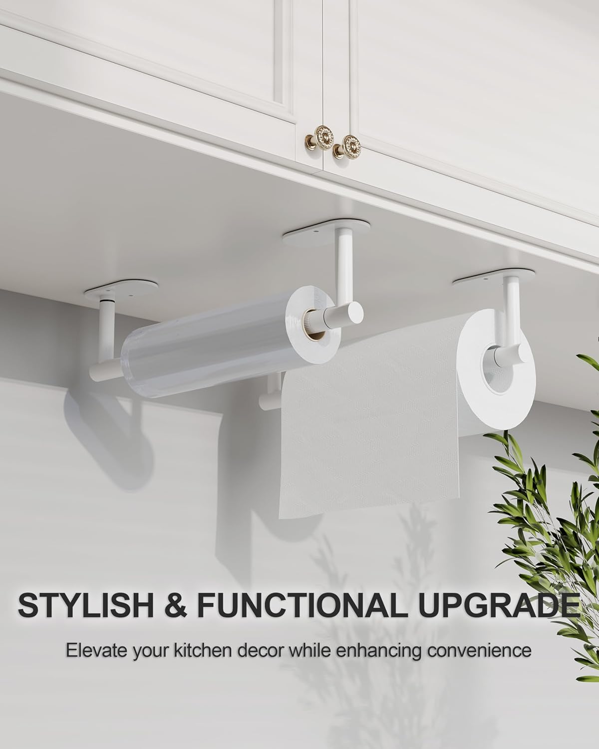 White Paper Towel Holder Under Cabinet, Self Adhesive or Wall Mounted SUS304 Stainless Steel Paper Towel Holder for Kitchen, Bathroom, Farmhouse, Barbecue and Laundry (White)