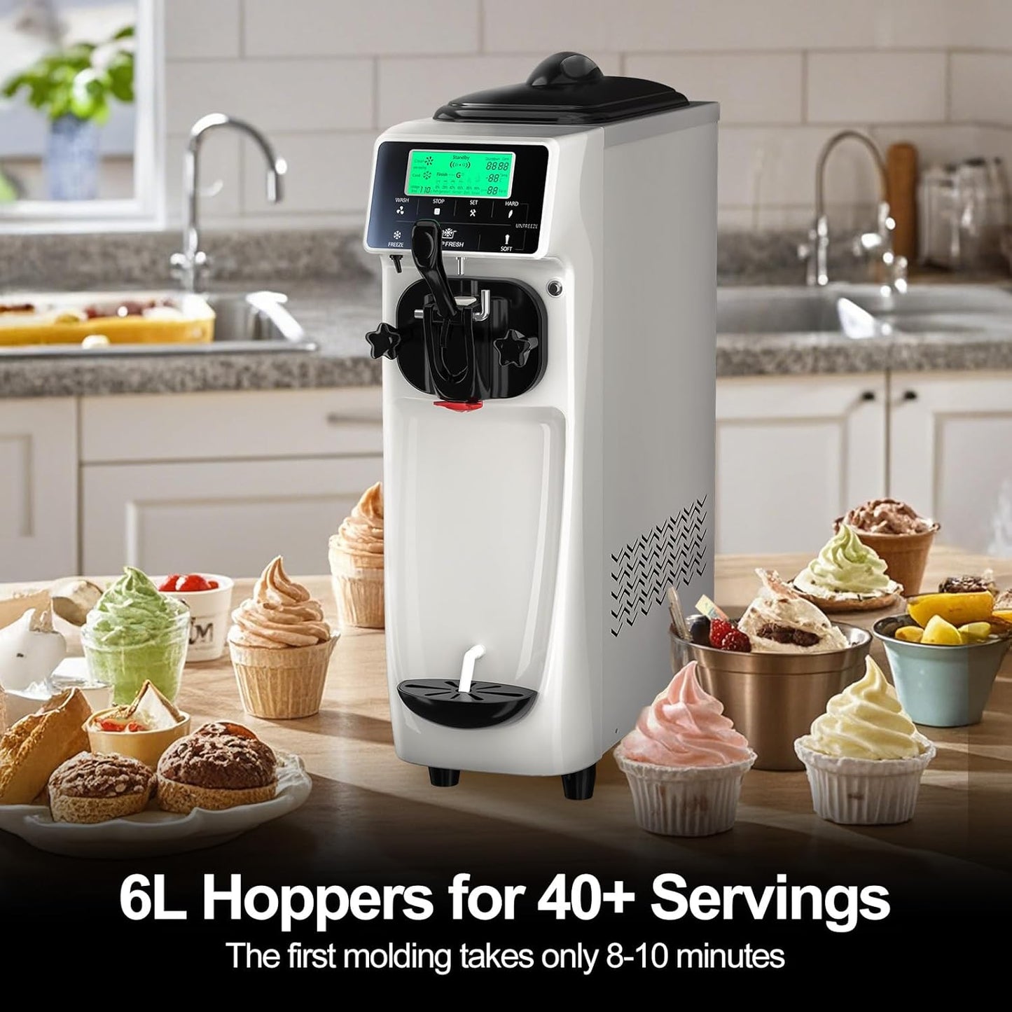 Ice Cream Maker Machine for Home, 5 Inch Screen Soft Serve Ice Cream Machine 4.2 Gals/H Single Flavor Ice Cream Maker with Pre-Cooling Soft Serve Machine with 1.6 Gals Tank for Birthday Party