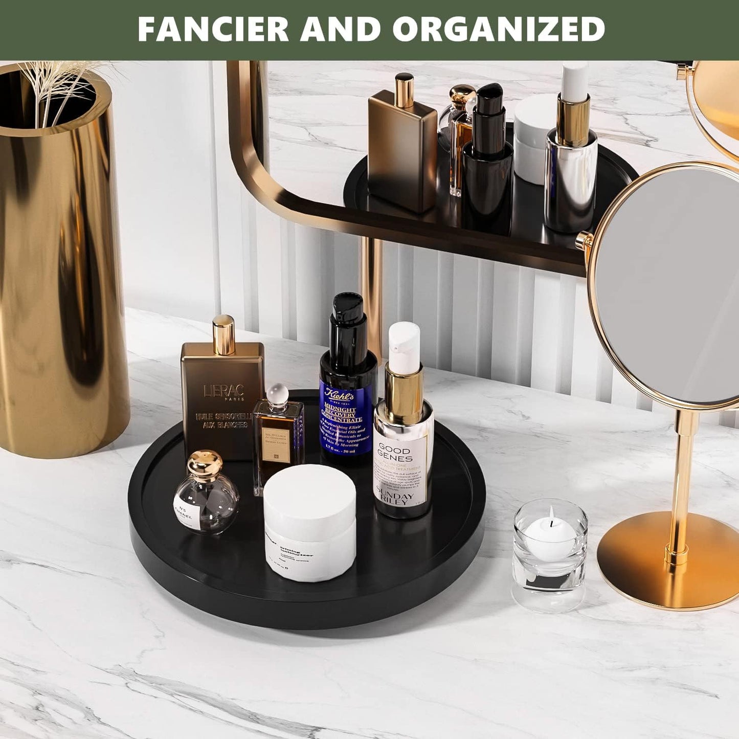 Turntable Vanity Tray 9 Inch for Perfume Candle, Bamboo Kitchen Sink Countertop Organizer for Keep Glass, Sponge and Soap Bathroom Countertop Organizer Black