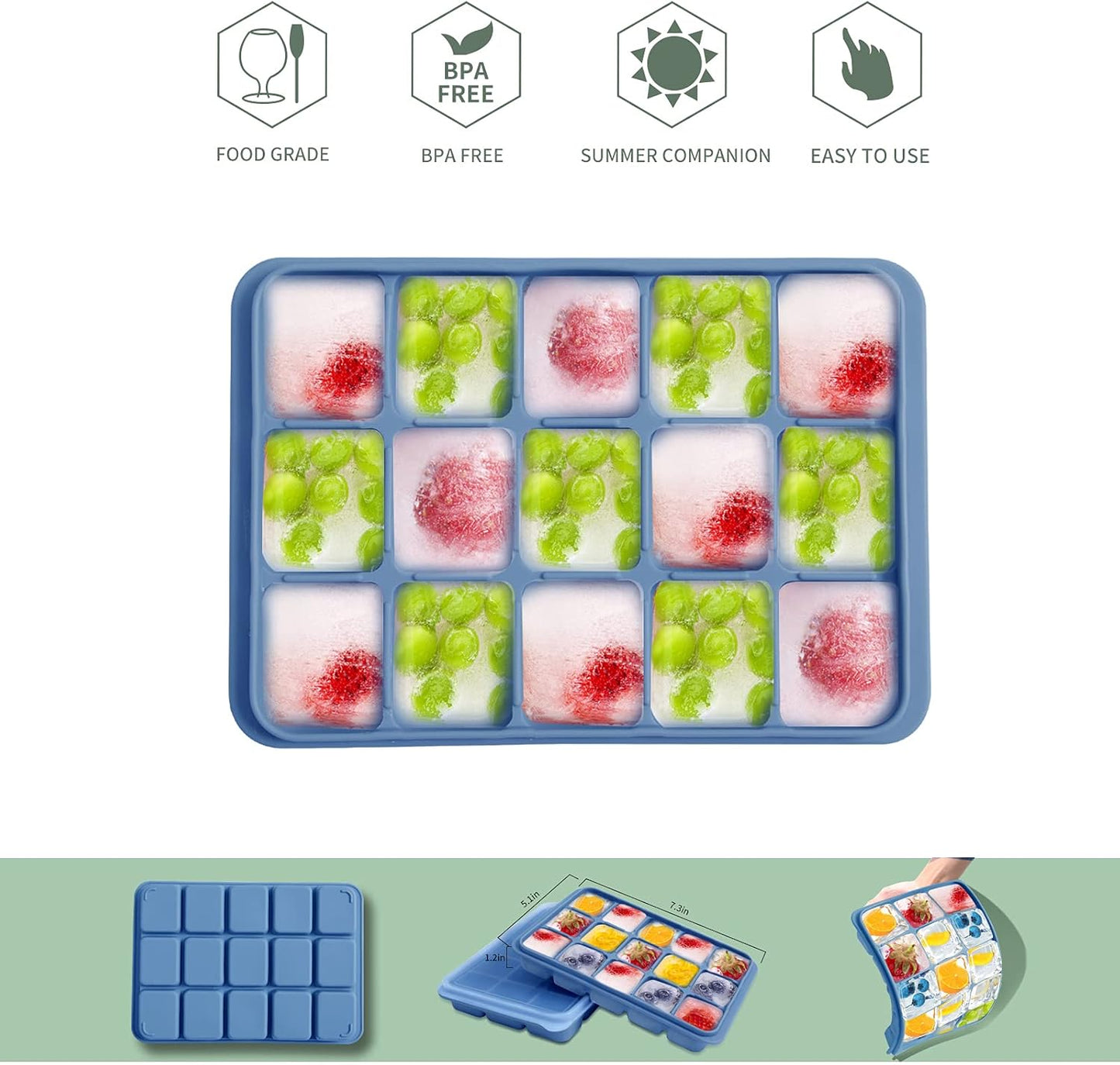 Ice Cube Trays Set of 2, Easy Release 15 Flexible Silicone Ice Cube Molds with Removable Lid Reusable Freezer Ice Trays Stackable for Whiskey, Baby Food, BPA Free (BLUE)