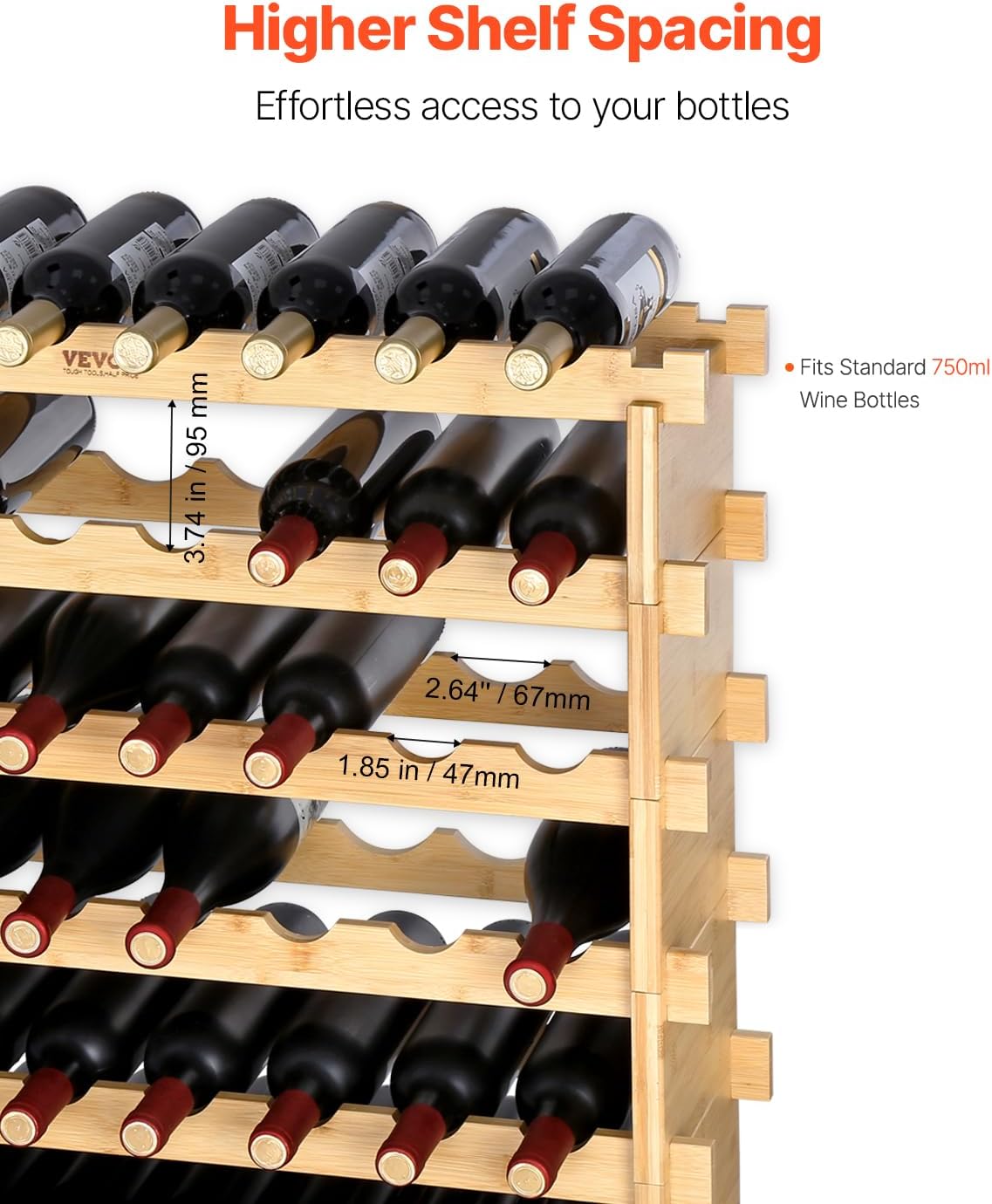 VEVOR Stackable Modular Wine Rack, 6-Tier 48 Bottles, Freestanding Wines Holder Display Shelf, Solid Bamboo Wood Storage Racks, Wobble-Free Shelves for Kitchens, Dining Rooms, Cellars, Natural Color