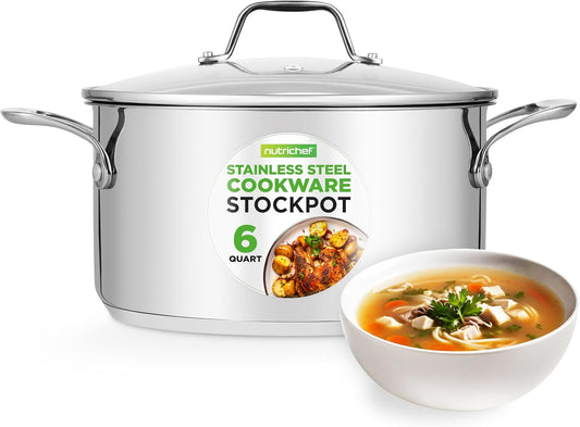 NutriChef 6-Quart Stainless Steel Stockpot – 18/8 Food Grade Heavy-Duty Induction-Compatible Pot with See-Through Lid, Ideal for Stews, Broths, Simmering & Soups, Dishwasher Safe – NCSP6
