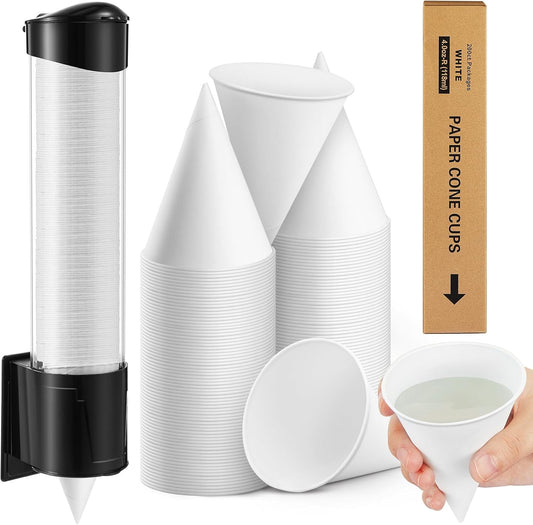 Roshtia 200 Pcs 4 oz Paper Cone Cups Thicken Disposable with 1 Cups Dispenser Pull Type Wall Mount Cup Holder Paper for Restaurants, Home, and Office, and Shaved Ice, Cold (Black)