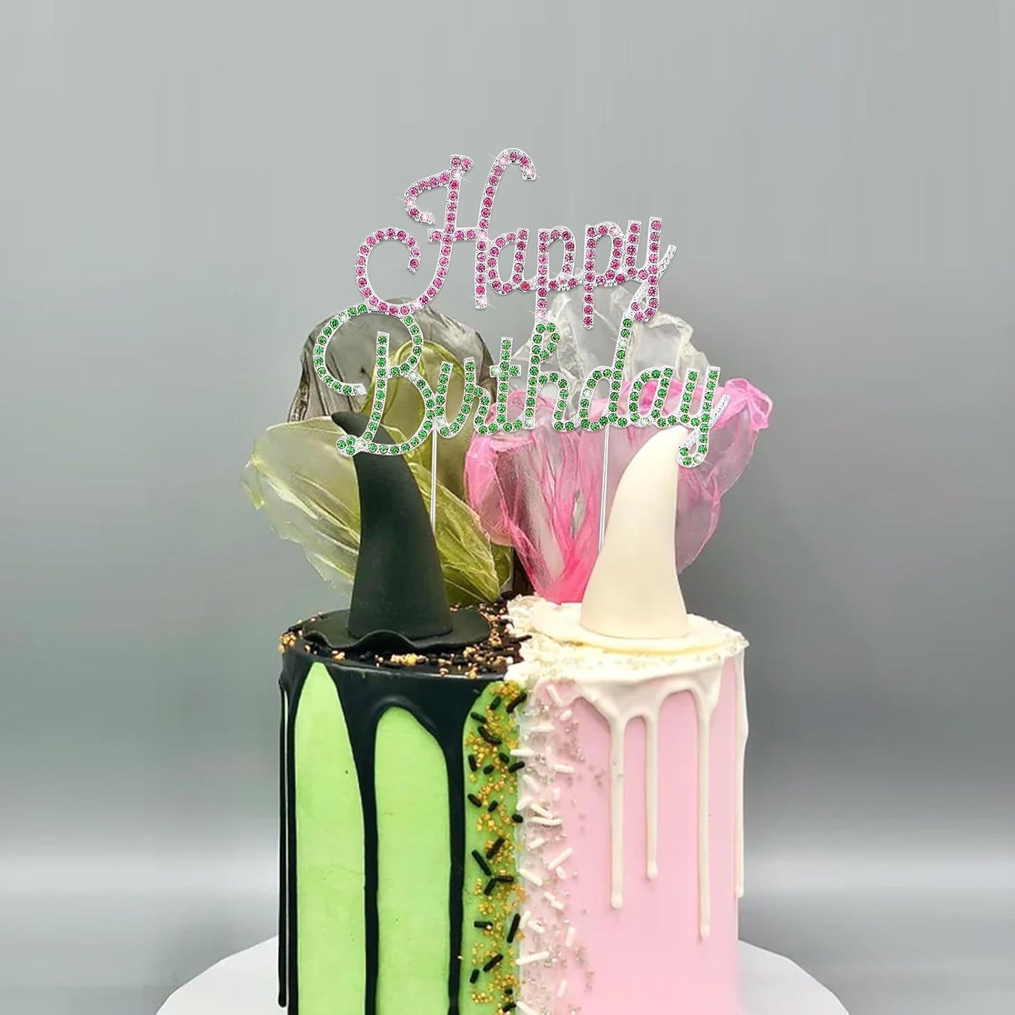 Happy Birthday Cake Topper Pink & Green Rhinestones Wicked Themed Cake Topper for Birthday Party Decorations