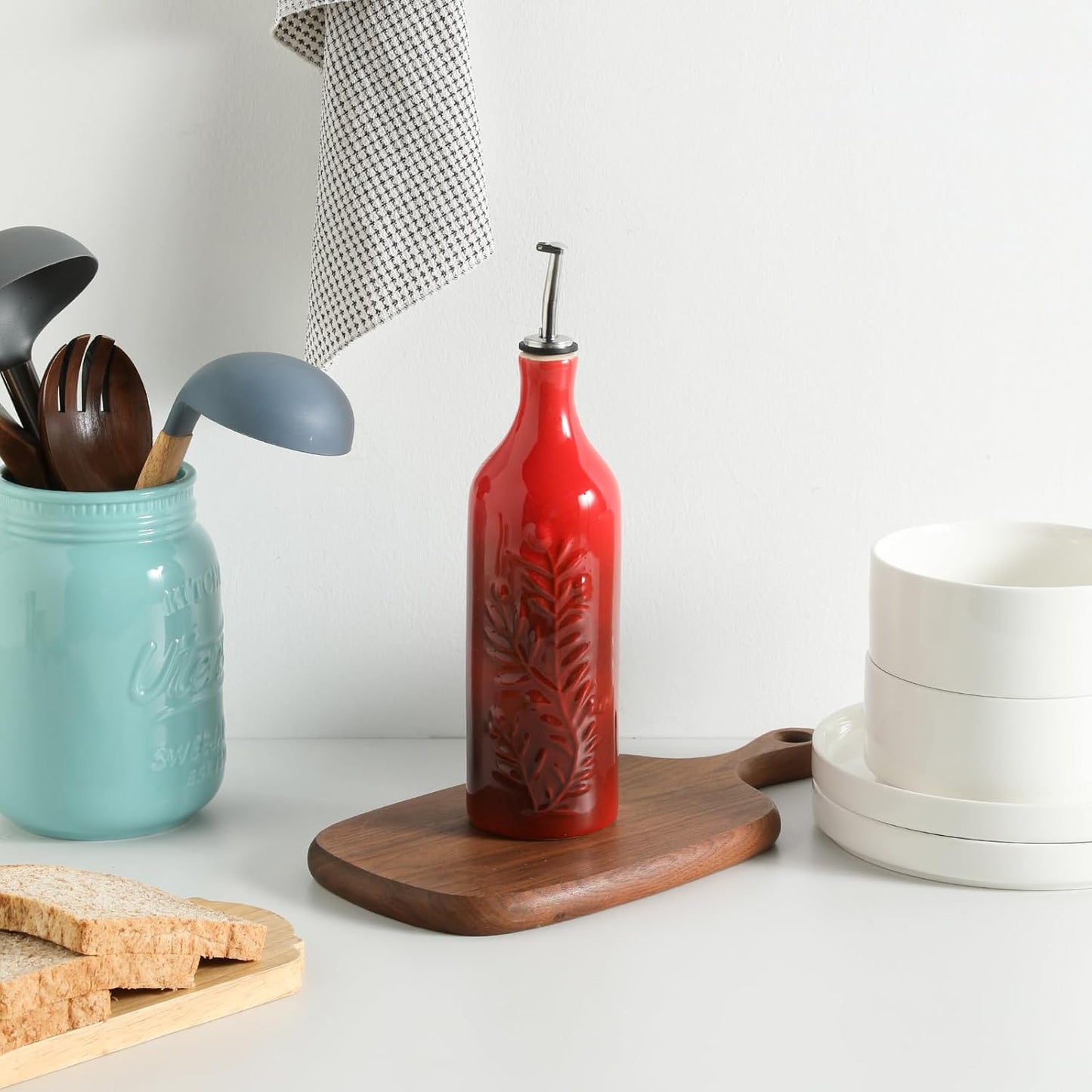 Sweejar Large Olive Oil Dispenser Bottle with Spout, 24 Oz Ceramic Dispenser for Kitchen, Relief Opaque Cruet, Container for Cooking, EVOO, Avocado Oil, Vinegar, Pack of 1(GradientRed)