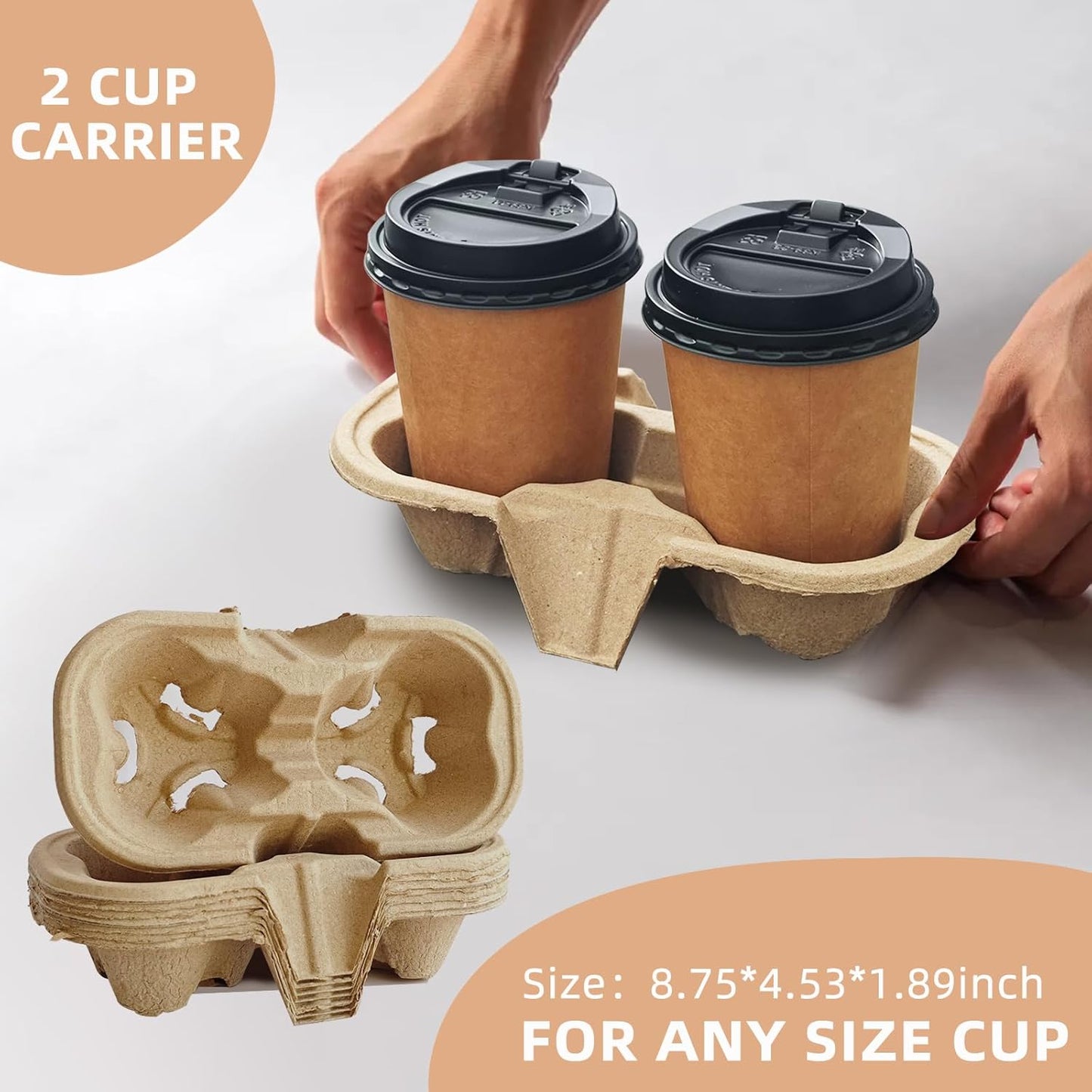 Take-Out Paper Bags And Two Drink Paper Trays 40 Pack,Two Cup Carrier Tray Coffee Cup Holder Disposable Cup Holder Tray,Brown Baper Bags With Handles Bulk (Two-cup size)