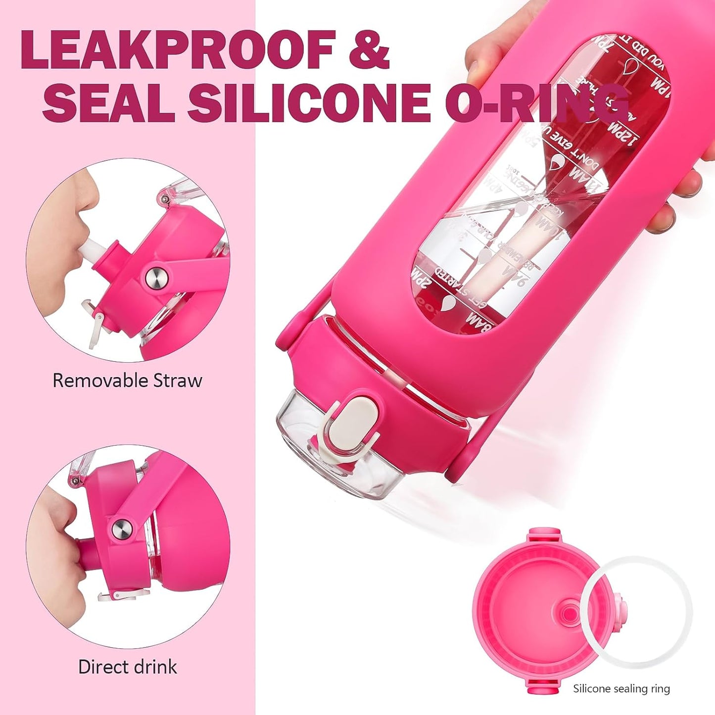 kytffu 42oz Glass Water Bottles with Straw, Motivational Glass Bottle with Silicone Sleeve and Time Marker, Leakproof Large Glass Water Jug for Gym Home Office,Rose red