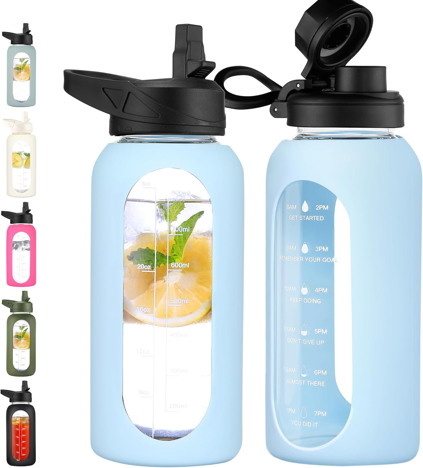 CIVAGO 32 oz Glass Water Bottle with Straw and Handle, Large Sports Motivational Water Bottle Flask with Time Marker, Leakproof Water Jug Canteen with Silicone Sleeve for Gym,Light Blue