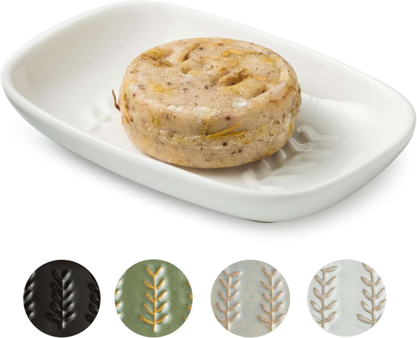 Soap Dish Soap Holder Shower, Ceramic Soap Dishes for Bar Soap Sponge, Shower Soap Dish Soap Saver Tray for Bathroom Kitchen Sink, Easy to Clean, White