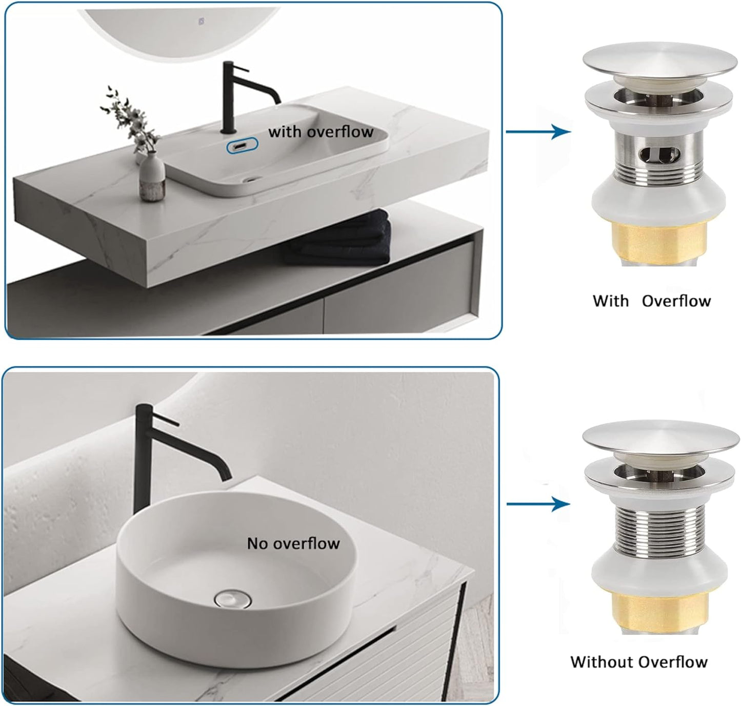 Bathroom Sink Drain,2 Pack Drain Stopper Bathroom Sink with Overflow,Pop Up Drain Assembly with Detachable Strainer Basket,Built-in Anti-Clogging Strainer,Stainless Steel Brushed Nickel